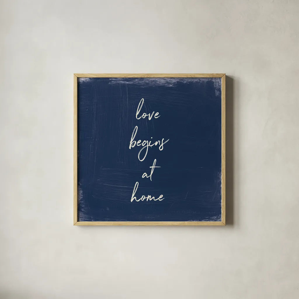 My Home Inspiration IV Indigo by Wild Apple Portfolio. Shown in a natural wood glass frame for a timeless modern aesthetic. Available as an archival giclee rolled canvas, fine art paper, or poster print. SKU 80570a.