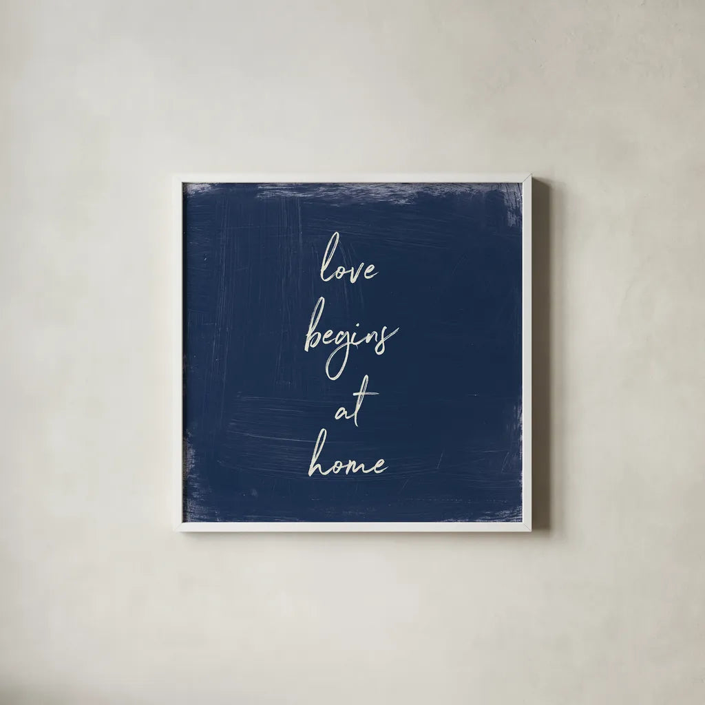 My Home Inspiration IV Indigo by Wild Apple Portfolio. Shown in a crisp white glass frame for a clean and minimalist style. Available as an archival giclee rolled canvas, fine art paper, or poster print. SKU 80570a.