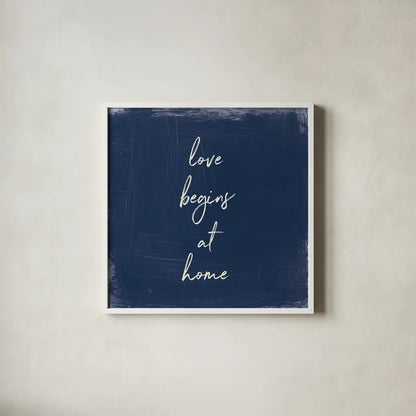 My Home Inspiration IV Indigo by Wild Apple Portfolio. Shown in a crisp white glass frame for a clean and minimalist style. Available as an archival giclee rolled canvas, fine art paper, or poster print. SKU 80570a.