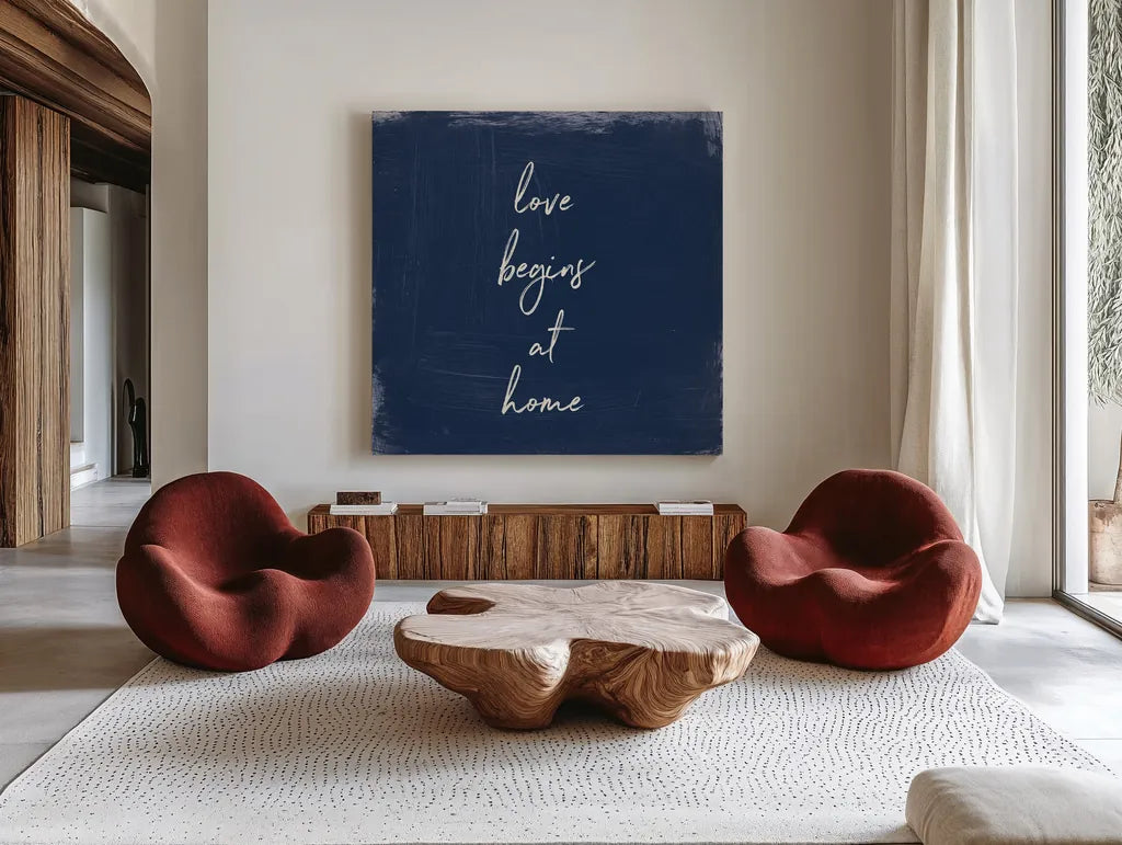 My Home Inspiration IV Indigo by Wild Apple Portfolio. Shown as extra-large giant wall art in a modern living room. Available as an archival giclee rolled canvas, fine art paper, or poster print. SKU 80570a.