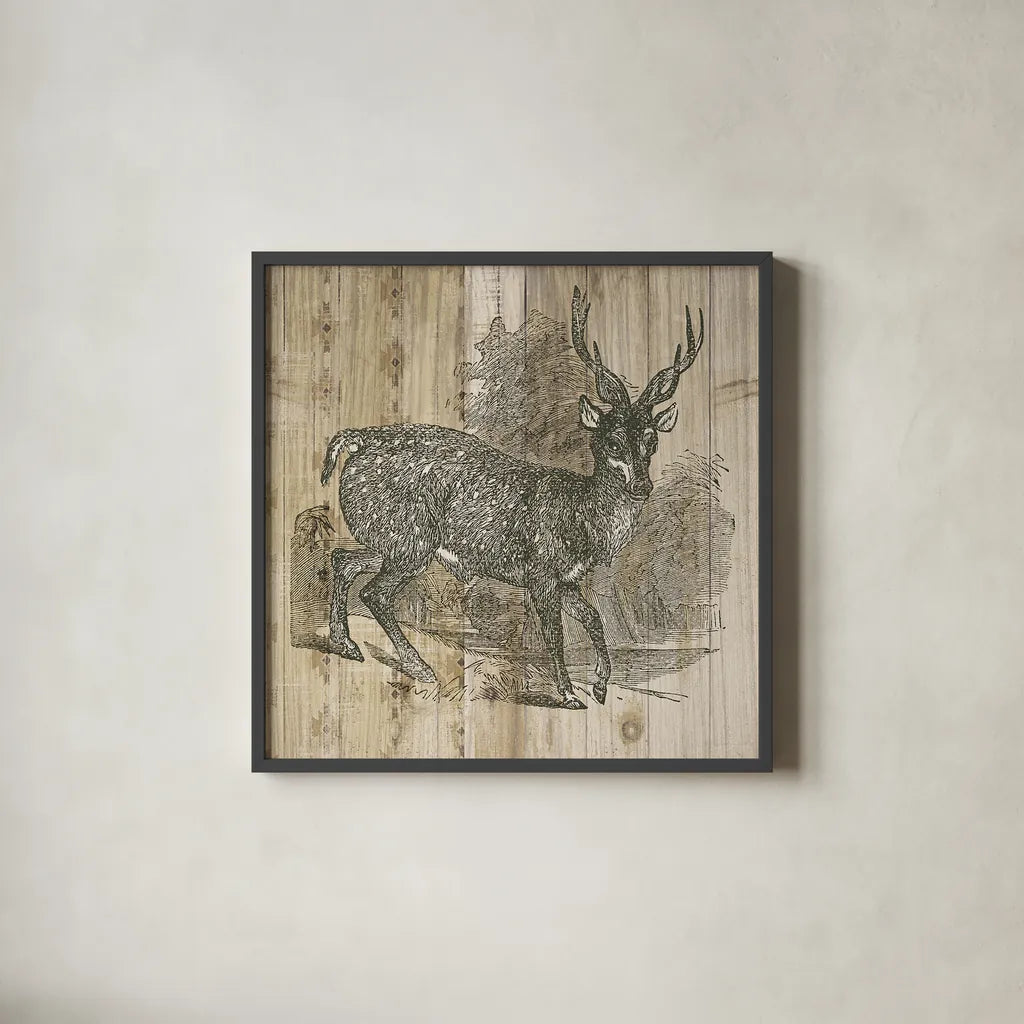 Natural History Lodge III by Wild Apple Portfolio. Shown in a sleek black glass frame for a contemporary gallery look. Available as an archival giclee rolled canvas, fine art paper, or poster print. SKU 18654a.