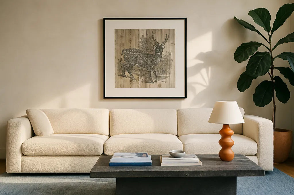 Natural History Lodge III by Wild Apple Portfolio. Displayed in a glass frame with matte in a clean modern living room. Available as an archival giclee rolled canvas, fine art paper, or poster print. SKU 18654a.