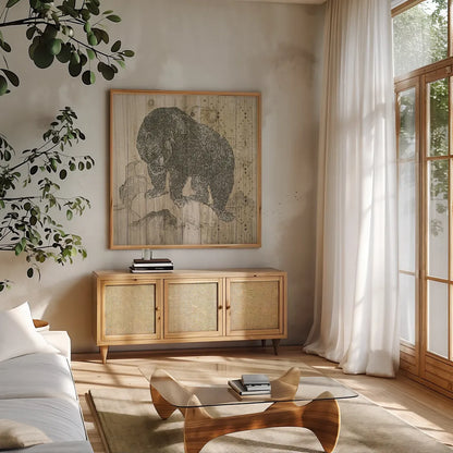 Natural History Lodge IV by Wild Apple Portfolio. Shown in a natural wood frame in a cozy modern living room. Available as an archival giclee rolled canvas, fine art paper, or poster print. SKU 18655a.
