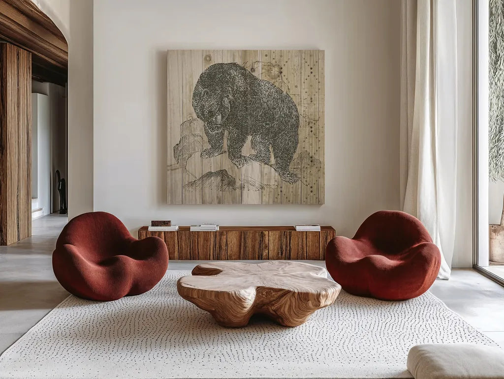 Natural History Lodge IV by Wild Apple Portfolio. Shown as extra-large giant wall art in a modern living room. Available as an archival giclee rolled canvas, fine art paper, or poster print. SKU 18655a.