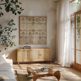 Natural History Lodge Pattern VII by Wild Apple Portfolio. Shown in a natural wood frame in a cozy modern living room. Available as an archival giclee rolled canvas, fine art paper, or poster print. SKU 21493a.