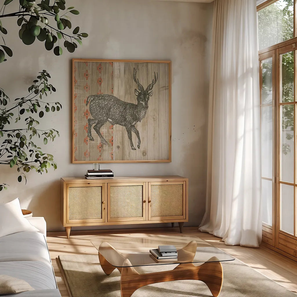 Natural History Lodge Southwest III by Wild Apple Portfolio. Shown in a natural wood frame in a cozy modern living room. Available as an archival giclee rolled canvas, fine art paper, or poster print. SKU 18946a.