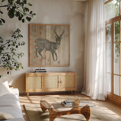 Natural History Lodge Southwest III by Wild Apple Portfolio. Shown in a natural wood frame in a cozy modern living room. Available as an archival giclee rolled canvas, fine art paper, or poster print. SKU 18946a.