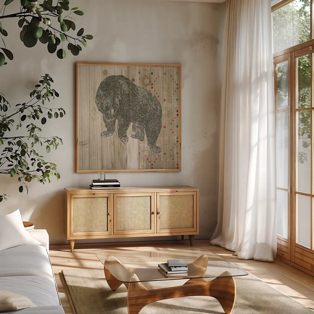 Natural History Lodge Southwest IV by Wild Apple Portfolio. Shown in a natural wood frame in a cozy modern living room. Available as an archival giclee rolled canvas, fine art paper, or poster print. SKU 18947a.