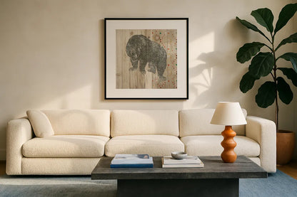 Natural History Lodge Southwest IV by Wild Apple Portfolio. Displayed in a glass frame with matte in a clean modern living room. Available as an archival giclee rolled canvas, fine art paper, or poster print. SKU 18947a.