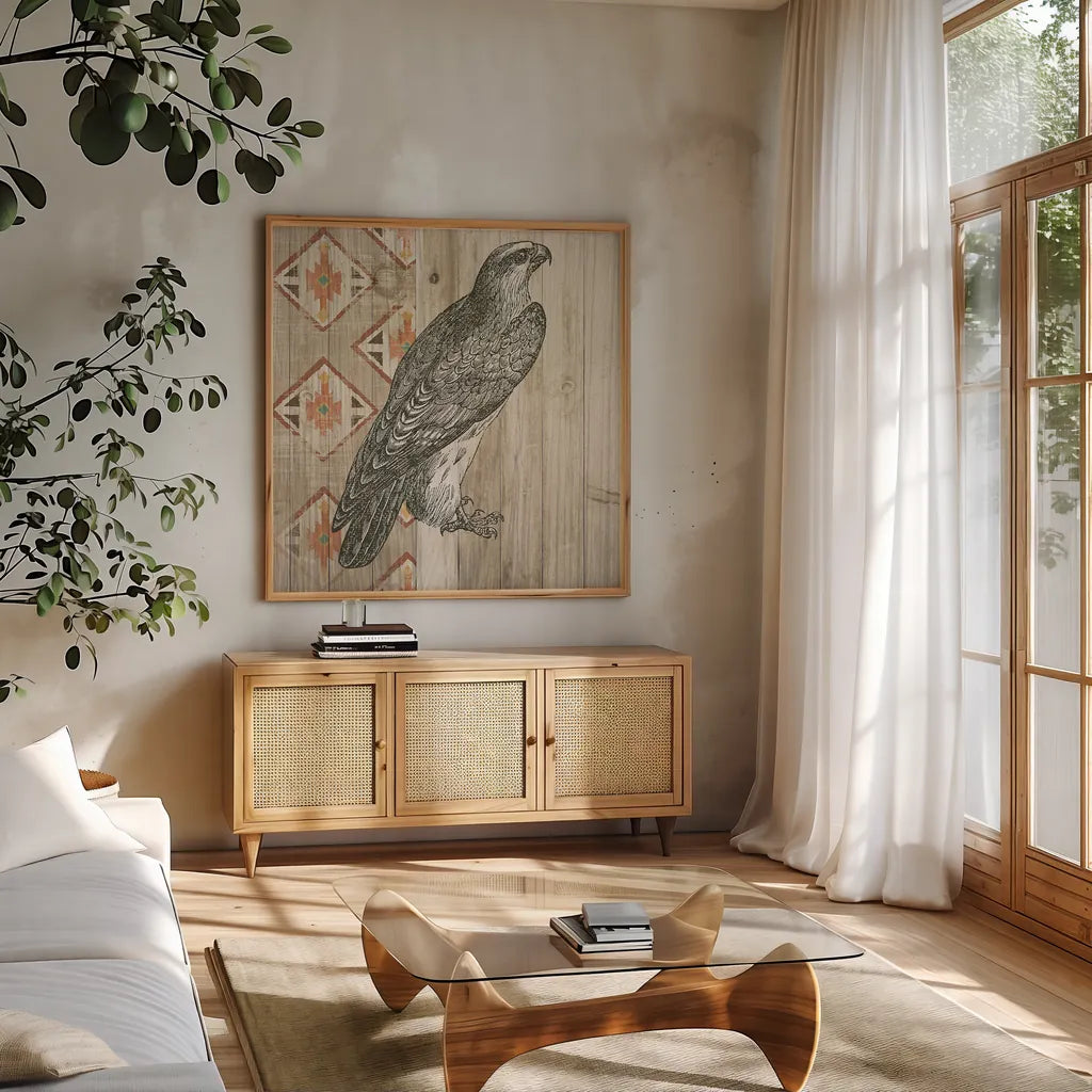 Natural History Lodge Southwest V by Wild Apple Portfolio. Shown in a natural wood frame in a cozy modern living room. Available as an archival giclee rolled canvas, fine art paper, or poster print. SKU 18948a.