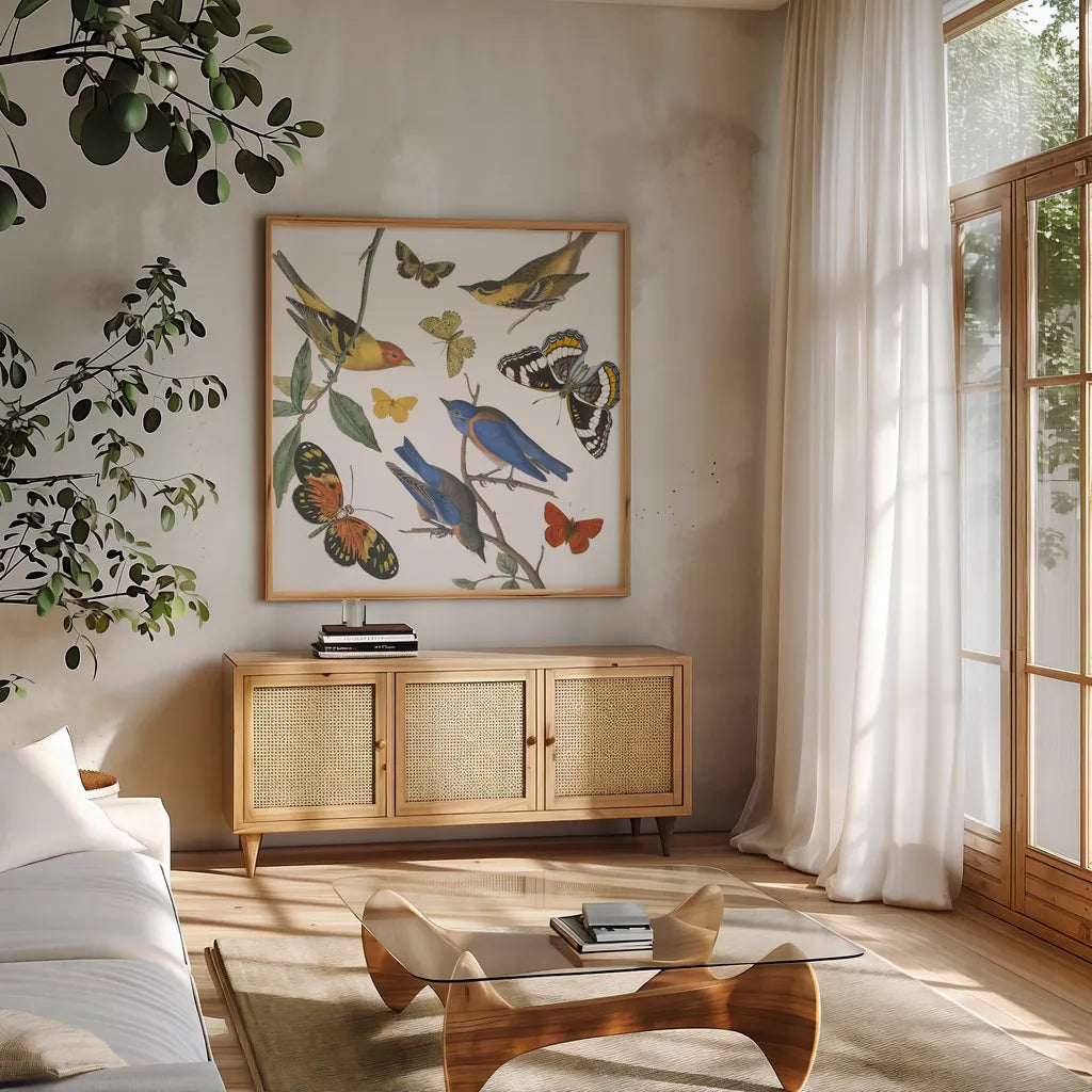 Natures Flight I No Ferns by Wild Apple Portfolio. Shown in a natural wood frame in a cozy modern living room. Available as an archival giclee rolled canvas, fine art paper, or poster print. SKU 80601a.