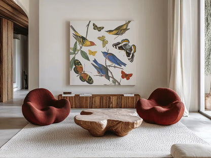 Natures Flight I No Ferns by Wild Apple Portfolio. Shown as extra-large giant wall art in a modern living room. Available as an archival giclee rolled canvas, fine art paper, or poster print. SKU 80601a.