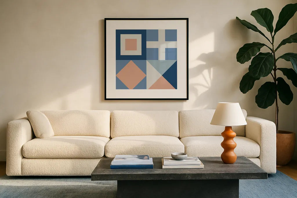 Nautical Flags I by Wild Apple Portfolio. Displayed in a glass frame with matte in a clean modern living room. Available as an archival giclee rolled canvas, fine art paper, or poster print. SKU 87318a.