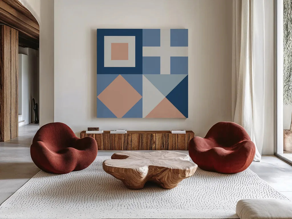 Nautical Flags I by Wild Apple Portfolio. Shown as extra-large giant wall art in a modern living room. Available as an archival giclee rolled canvas, fine art paper, or poster print. SKU 87318a.