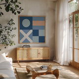 Nautical Flags II by Wild Apple Portfolio. Shown in a natural wood frame in a cozy modern living room. Available as an archival giclee rolled canvas, fine art paper, or poster print. SKU 87319a.