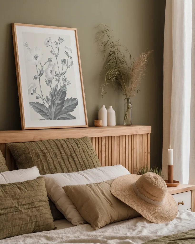 Neutral Botanical VI by Wild Apple Portfolio. shown as a paper print in a natural frame. Available as a archival giclee rolled canvas, fine art paper, or poster print. SKU 30697h.