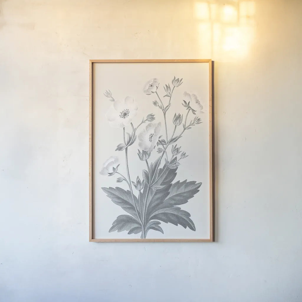 Neutral Botanical VI by Wild Apple Portfolio. shown as a paper print in a natural frame. Available as a archival giclee rolled canvas, fine art paper, or poster print. SKU 30697h.