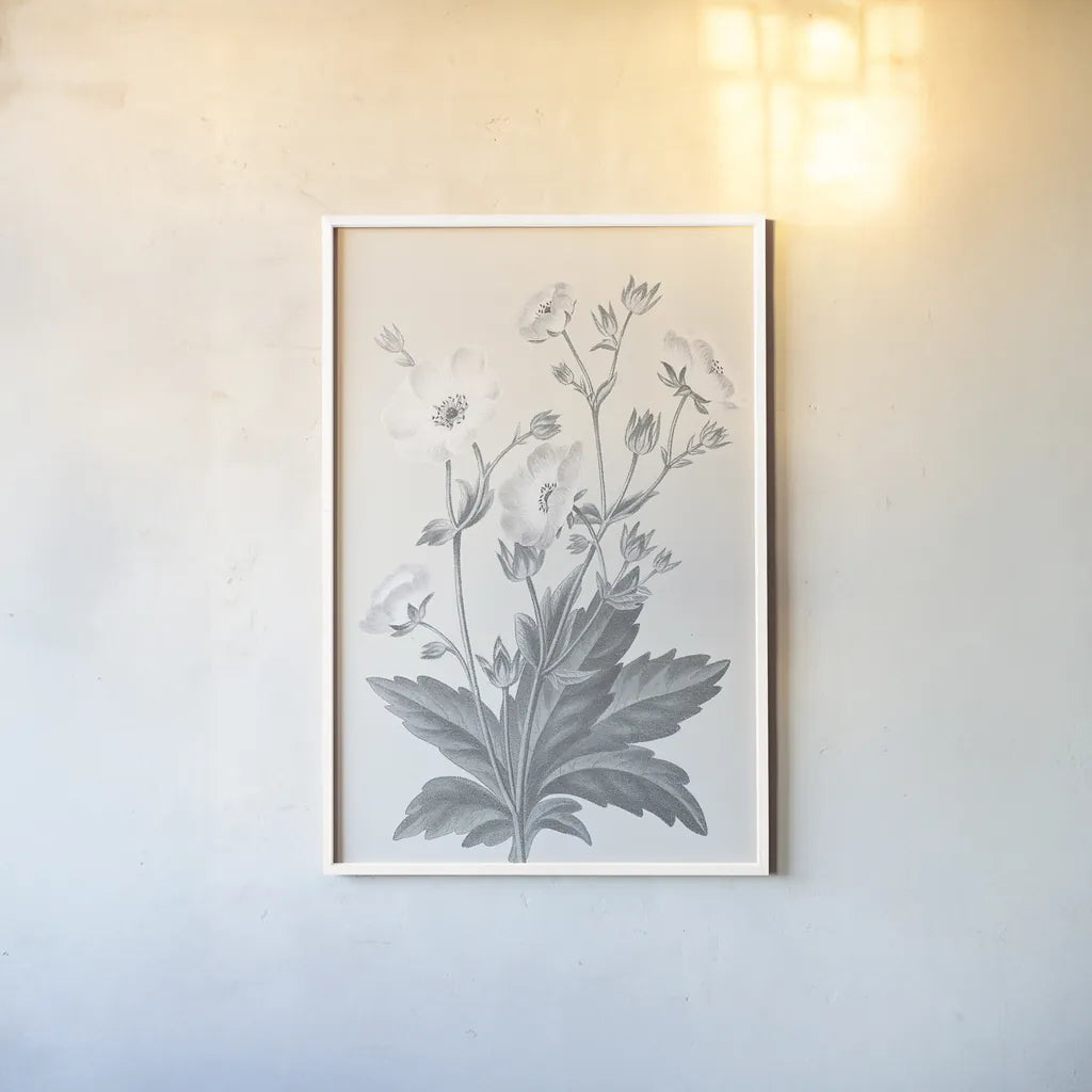 Neutral Botanical VI by Wild Apple Portfolio. shown as a paper print in a white frame. Available as a archival giclee rolled canvas, fine art paper, or poster print. SKU 30697h.