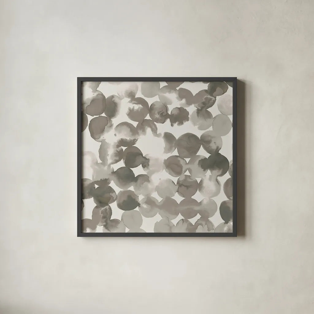 Neutral Circles by Wild Apple Portfolio. Shown in a sleek black glass frame for a contemporary gallery look. Available as an archival giclee rolled canvas, fine art paper, or poster print. SKU 21183a.