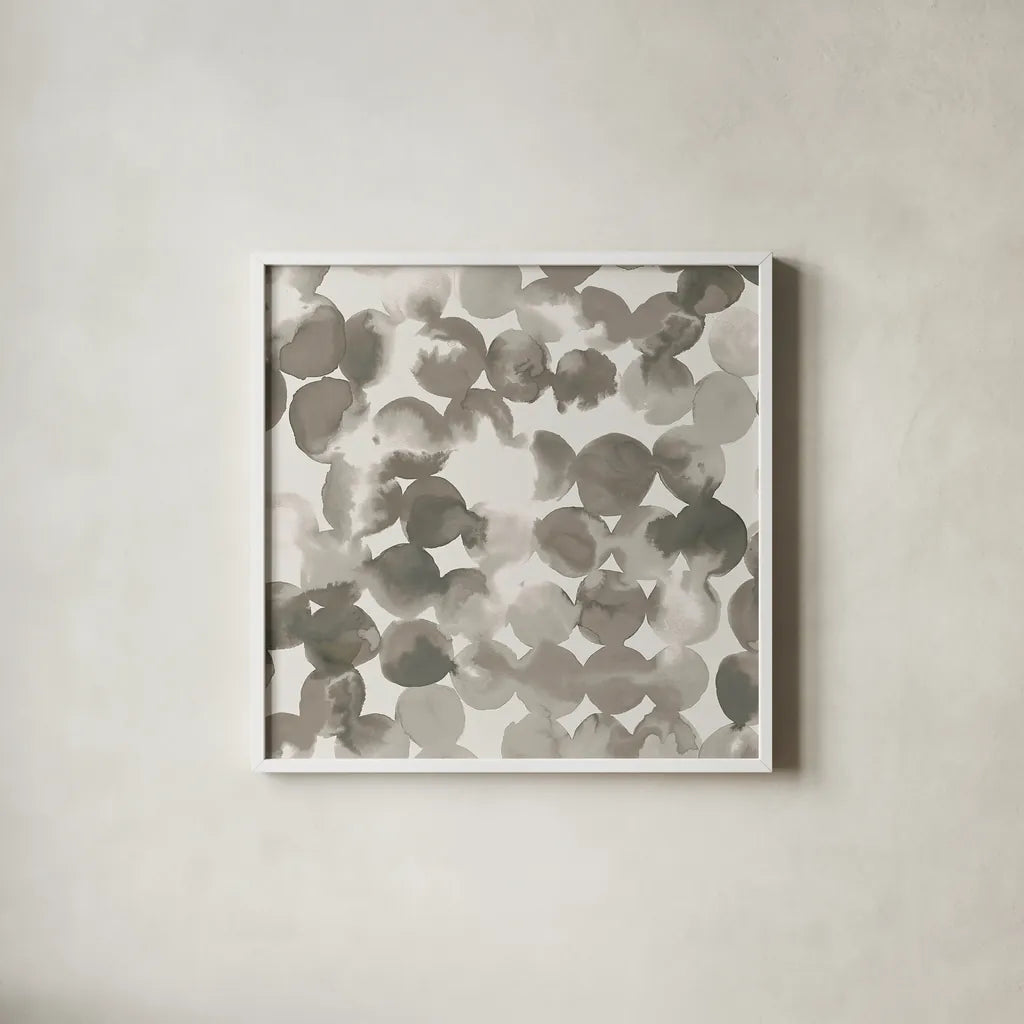 Neutral Circles by Wild Apple Portfolio. Shown in a crisp white glass frame for a clean and minimalist style. Available as an archival giclee rolled canvas, fine art paper, or poster print. SKU 21183a.
