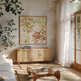 Neutral Medley IV by Wild Apple Portfolio. Shown in a natural wood frame in a cozy modern living room. Available as an archival giclee rolled canvas, fine art paper, or poster print. SKU 30738a.
