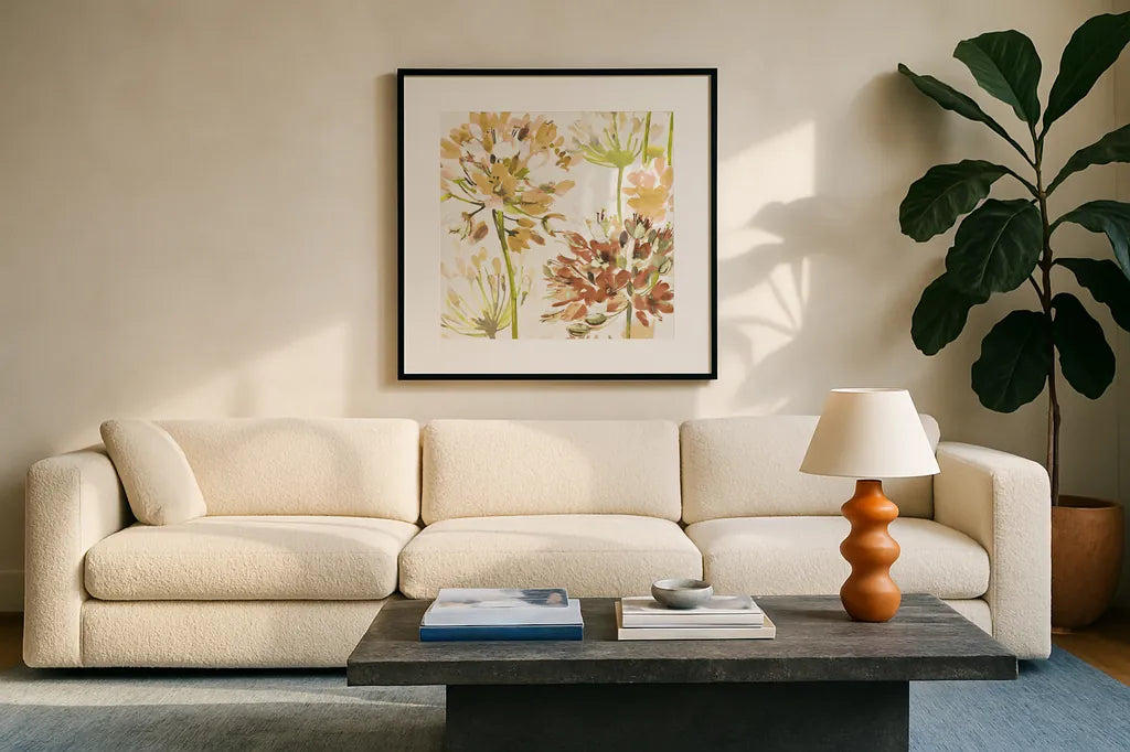 Neutral Medley IV by Wild Apple Portfolio. Displayed in a glass frame with matte in a clean modern living room. Available as an archival giclee rolled canvas, fine art paper, or poster print. SKU 30738a.