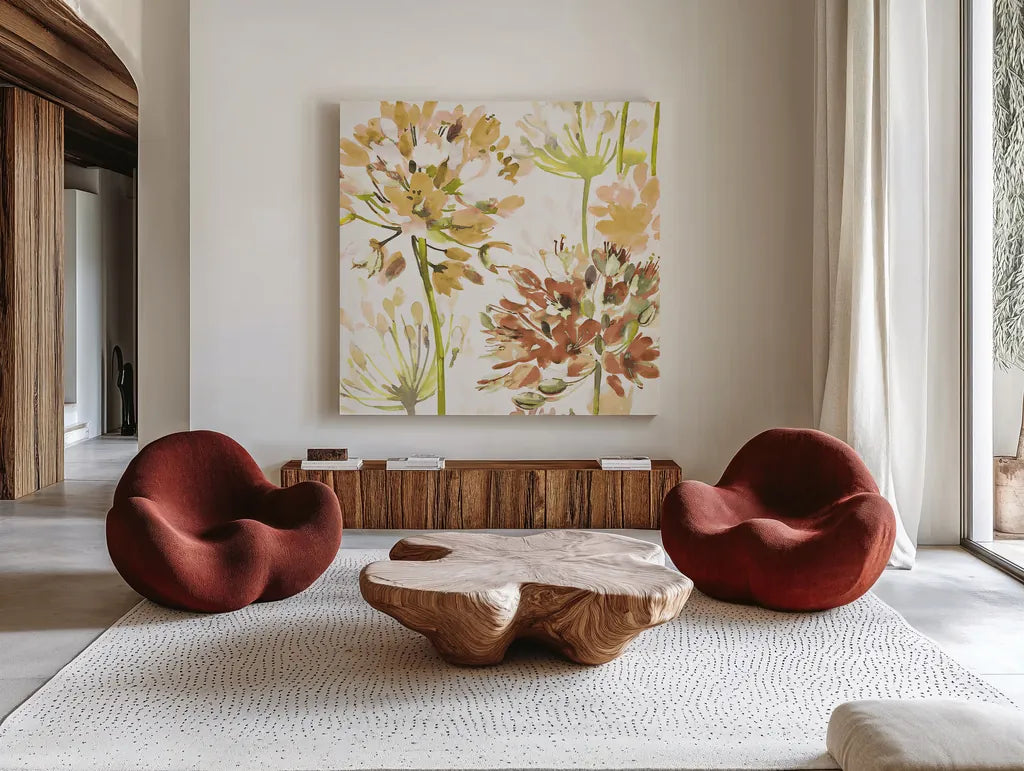 Neutral Medley IV by Wild Apple Portfolio. Shown as extra-large giant wall art in a modern living room. Available as an archival giclee rolled canvas, fine art paper, or poster print. SKU 30738a.