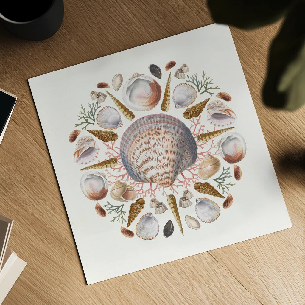 Ocean Mandala I by Wild Apple Portfolio. Shown as a detailed flat fine art print, highlighting archival giclee quality. Available as an archival giclee rolled canvas, fine art paper, or poster print. SKU 35805a.