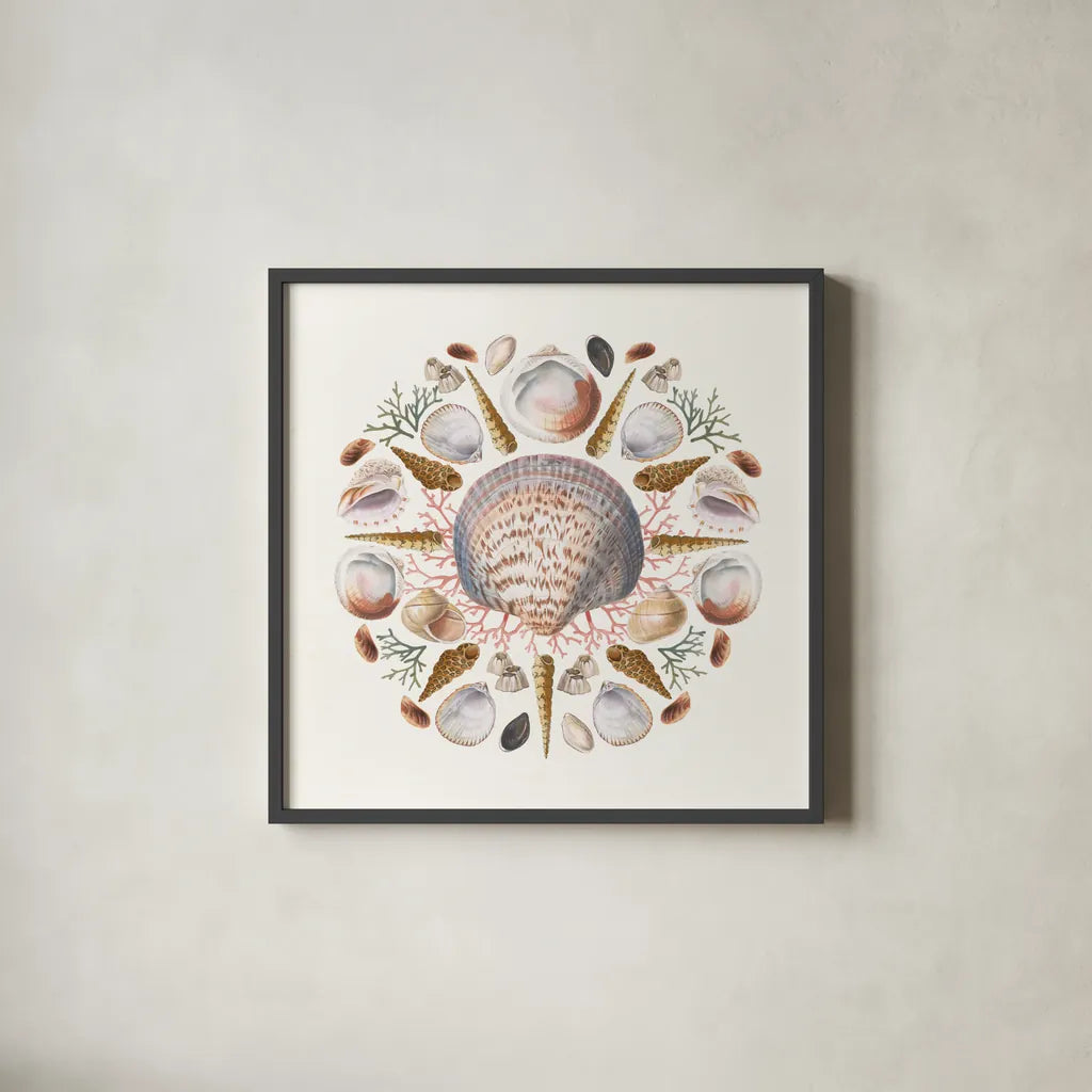 Ocean Mandala I by Wild Apple Portfolio. Shown in a sleek black glass frame for a contemporary gallery look. Available as an archival giclee rolled canvas, fine art paper, or poster print. SKU 35805a.