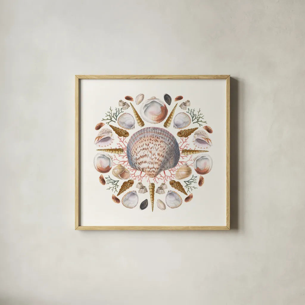Ocean Mandala I by Wild Apple Portfolio. Shown in a natural wood glass frame for a timeless modern aesthetic. Available as an archival giclee rolled canvas, fine art paper, or poster print. SKU 35805a.