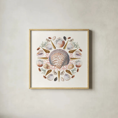 Ocean Mandala I by Wild Apple Portfolio. Shown in a natural wood glass frame for a timeless modern aesthetic. Available as an archival giclee rolled canvas, fine art paper, or poster print. SKU 35805a.
