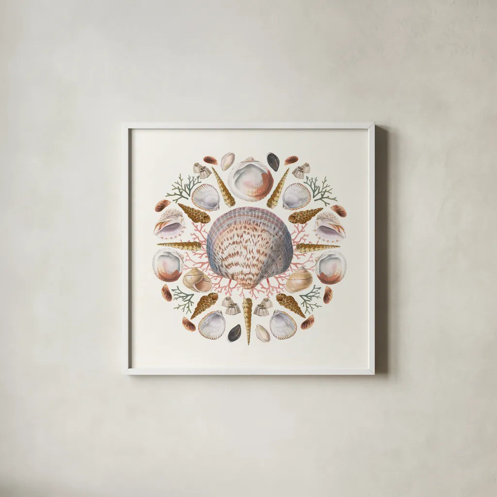 Ocean Mandala I by Wild Apple Portfolio. Shown in a crisp white glass frame for a clean and minimalist style. Available as an archival giclee rolled canvas, fine art paper, or poster print. SKU 35805a.