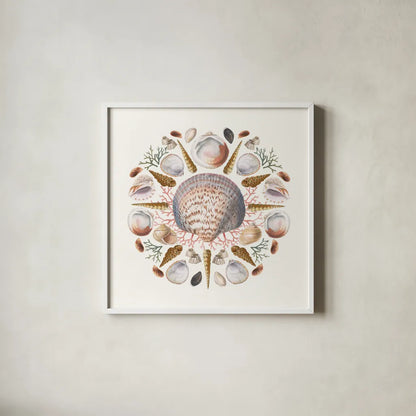 Ocean Mandala I by Wild Apple Portfolio. Shown in a crisp white glass frame for a clean and minimalist style. Available as an archival giclee rolled canvas, fine art paper, or poster print. SKU 35805a.