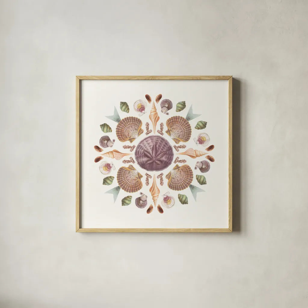 Ocean Mandala II by Wild Apple Portfolio. Shown in a natural wood glass frame for a timeless modern aesthetic. Available as an archival giclee rolled canvas, fine art paper, or poster print. SKU 35806a.
