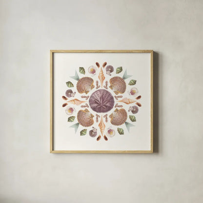 Ocean Mandala II by Wild Apple Portfolio. Shown in a natural wood glass frame for a timeless modern aesthetic. Available as an archival giclee rolled canvas, fine art paper, or poster print. SKU 35806a.