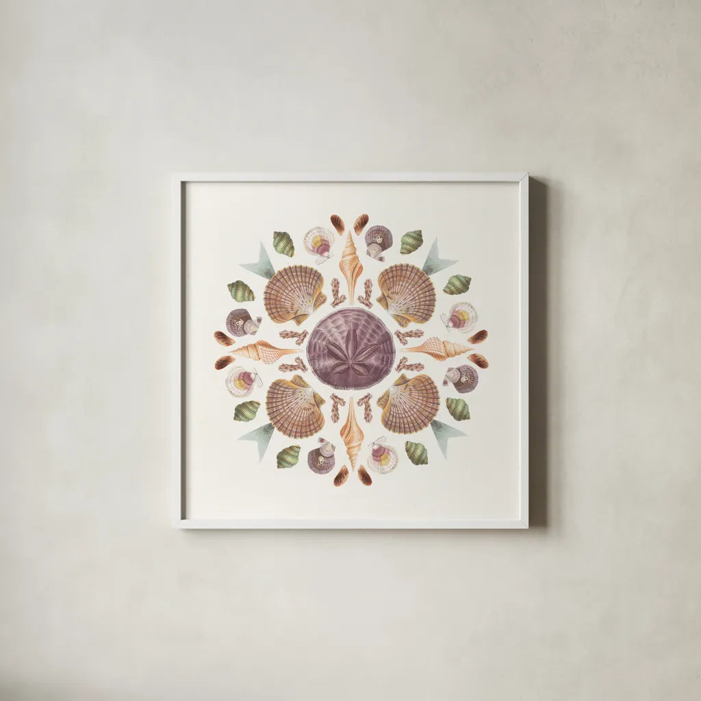 Ocean Mandala II by Wild Apple Portfolio. Shown in a crisp white glass frame for a clean and minimalist style. Available as an archival giclee rolled canvas, fine art paper, or poster print. SKU 35806a.
