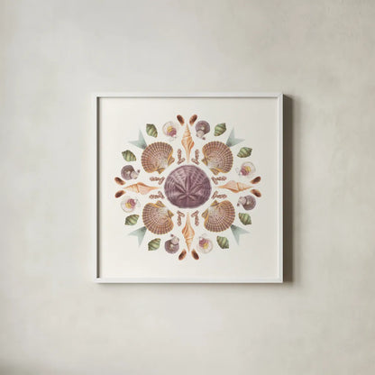 Ocean Mandala II by Wild Apple Portfolio. Shown in a crisp white glass frame for a clean and minimalist style. Available as an archival giclee rolled canvas, fine art paper, or poster print. SKU 35806a.