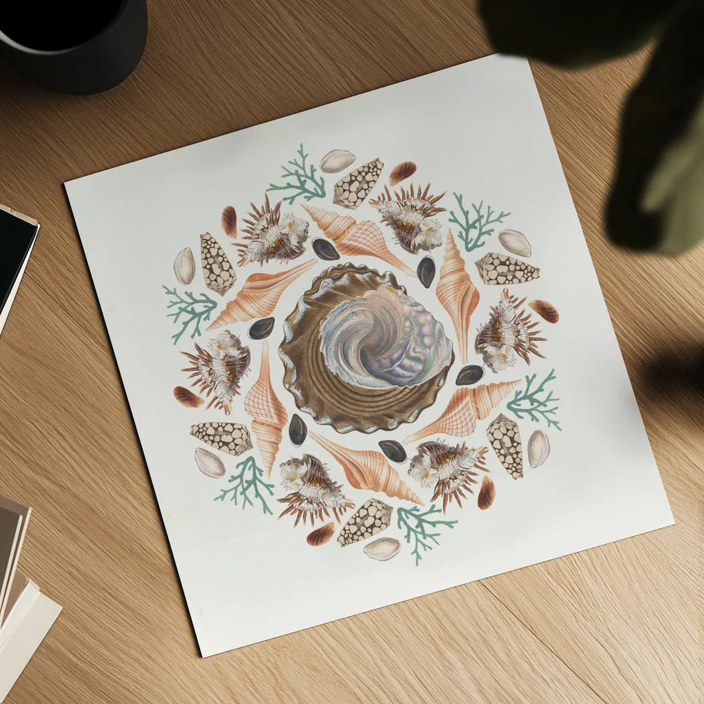 Ocean Mandala IV by Wild Apple Portfolio. Shown as a detailed flat fine art print, highlighting archival giclee quality. Available as an archival giclee rolled canvas, fine art paper, or poster print. SKU 35808a.