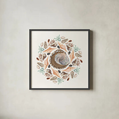 Ocean Mandala IV by Wild Apple Portfolio. Shown in a sleek black glass frame for a contemporary gallery look. Available as an archival giclee rolled canvas, fine art paper, or poster print. SKU 35808a.