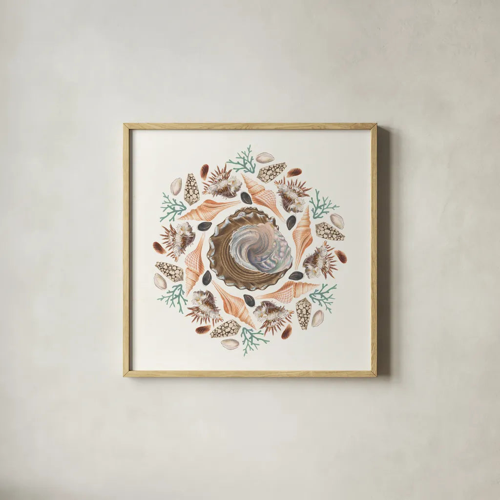 Ocean Mandala IV by Wild Apple Portfolio. Shown in a natural wood glass frame for a timeless modern aesthetic. Available as an archival giclee rolled canvas, fine art paper, or poster print. SKU 35808a.