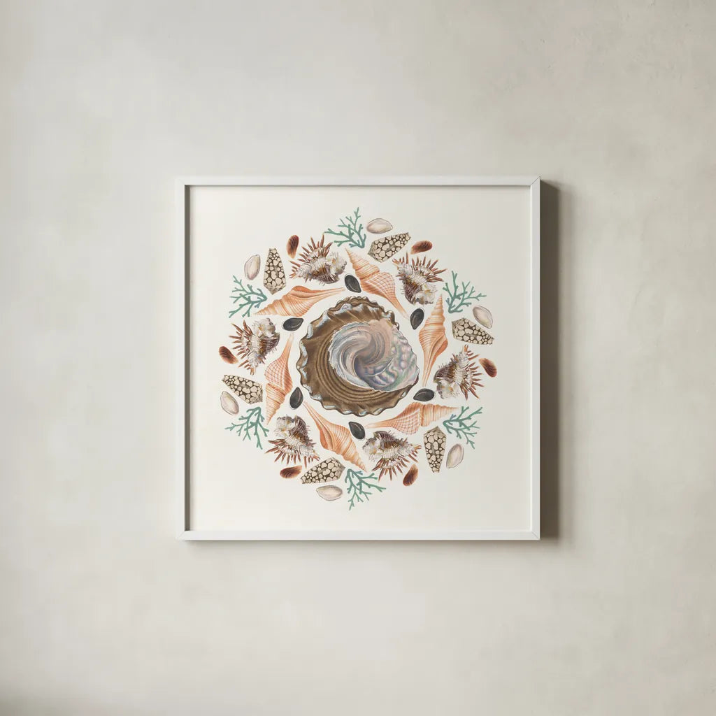 Ocean Mandala IV by Wild Apple Portfolio. Shown in a crisp white glass frame for a clean and minimalist style. Available as an archival giclee rolled canvas, fine art paper, or poster print. SKU 35808a.