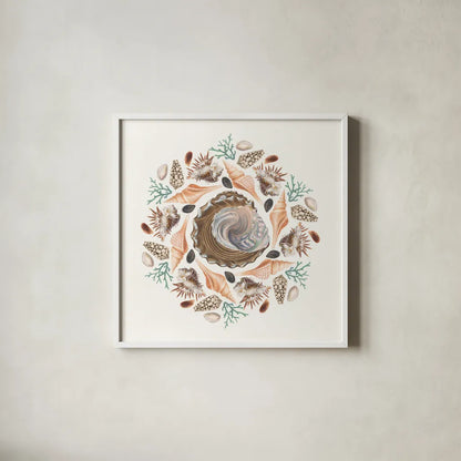 Ocean Mandala IV by Wild Apple Portfolio. Shown in a crisp white glass frame for a clean and minimalist style. Available as an archival giclee rolled canvas, fine art paper, or poster print. SKU 35808a.