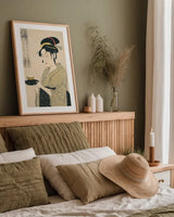 Okita of the Tea House by Wild Apple Portfolio. shown as a paper print in a natural frame. Available as a archival giclee rolled canvas, fine art paper, or poster print. SKU 104938h.