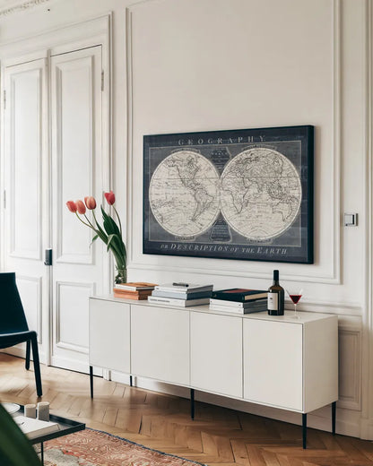 Old World Globe by Wild Apple Portfolio. shown as a framed stretched canvas in a living room above a console. Available as a archival giclee rolled canvas, fine art paper, or poster print. SKU 39698i.