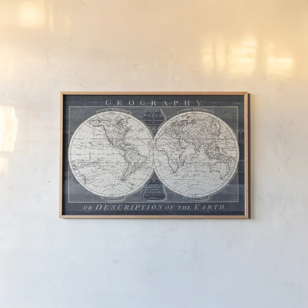 Old World Globe by Wild Apple Portfolio. shown as a paper print in a natural frame. Available as a archival giclee rolled canvas, fine art paper, or poster print. SKU 39698i.