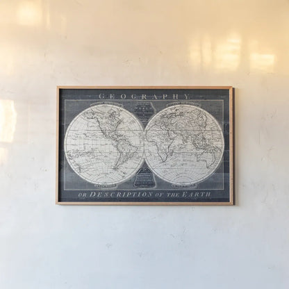 Old World Globe by Wild Apple Portfolio. shown as a paper print in a natural frame. Available as a archival giclee rolled canvas, fine art paper, or poster print. SKU 39698i.