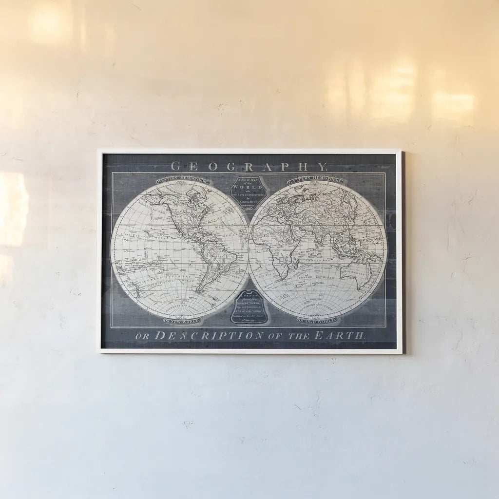 Old World Globe by Wild Apple Portfolio. shown as a paper print in a white frame. Available as a archival giclee rolled canvas, fine art paper, or poster print. SKU 39698i.