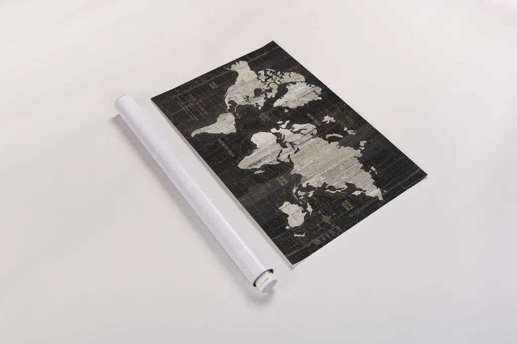 Old World Map Black by Wild Apple Portfolio. shown as a rolled paper print. Available as archival giclee rolled canvas, fine art paper, or poster print. SKU 69973i.