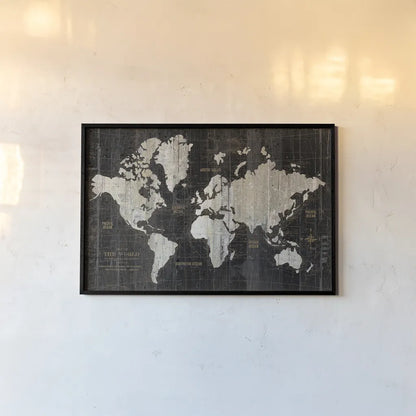Old World Map Black by Wild Apple Portfolio. shown as a paper print in a black flame. Available as a archival giclee rolled canvas, fine art paper, or poster print. SKU 69973i.