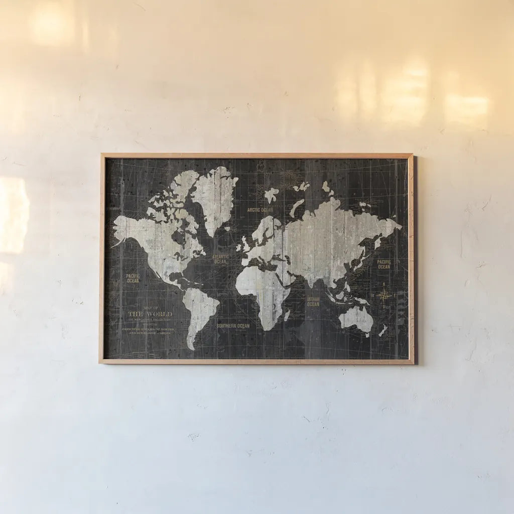 Old World Map Black by Wild Apple Portfolio. shown as a paper print in a natural frame. Available as a archival giclee rolled canvas, fine art paper, or poster print. SKU 69973i.